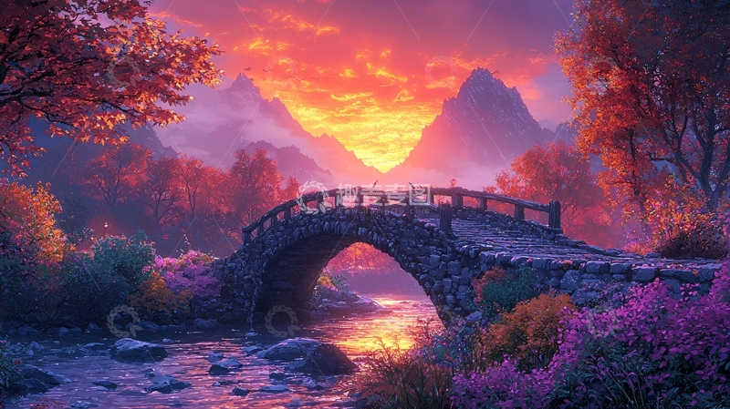 高清大图下载【趣麦麦图】梦幻紫色桥梁风景画