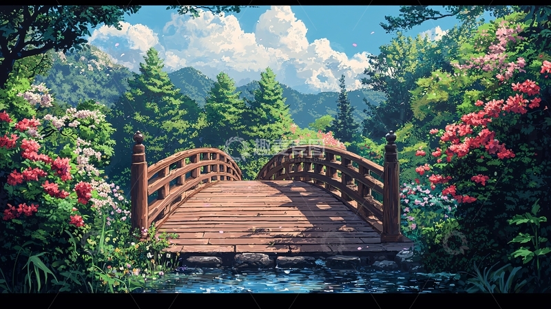 高清大图下载【趣麦麦图】木桥流水高清图片