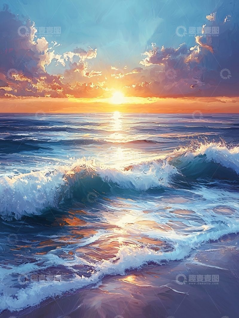 高清大图下载【趣麦麦图】金色阳光下的海浪