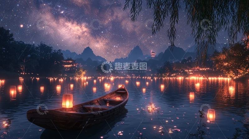 高清大图下载【趣麦麦图】宁静夜晚的湖面倒影