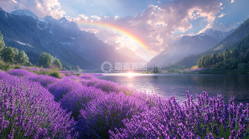 高清大图下载【趣麦麦图】紫色的薰衣草和彩虹下的湖面