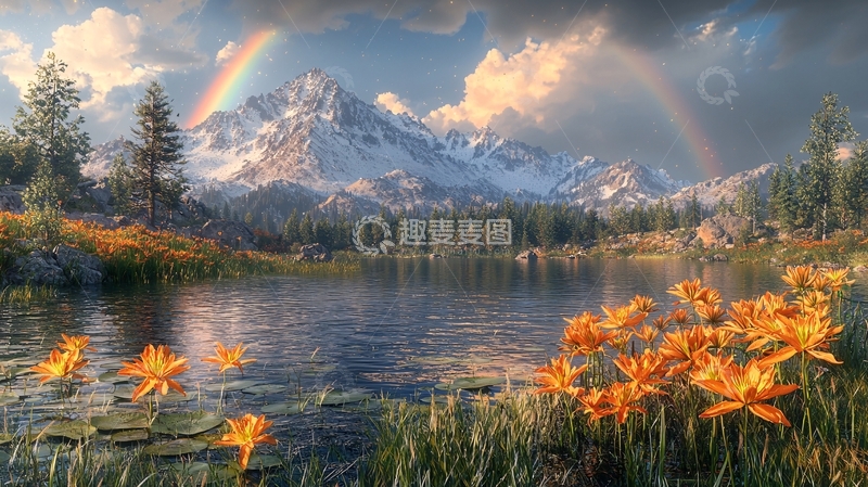 高清大图下载【趣麦麦图】宁静湖面雪山彩虹