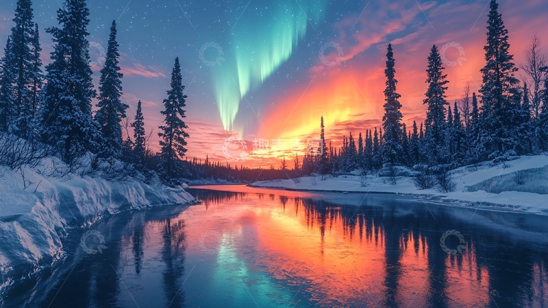 高清大图下载【趣麦麦图】极光下的冬日河流