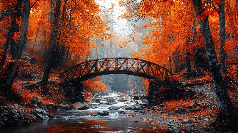 高清大图下载【趣麦麦图】秋季森林木桥美景