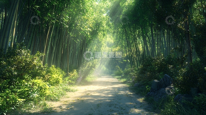 高清大图下载【趣麦麦图】阳光穿过竹林的静谧小路