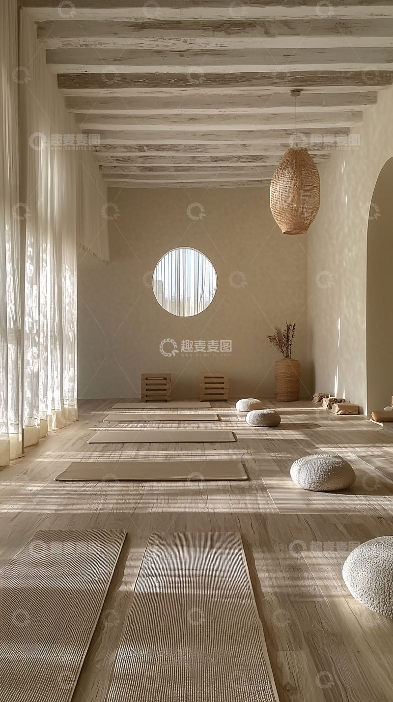高清大图下载【趣麦麦图】极简米色系瑜伽室