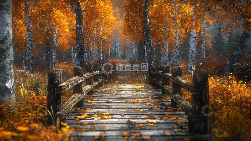 高清大图下载【趣麦麦图】秋日森林中的木桥小路