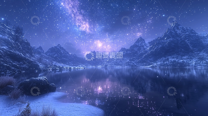 高清大图下载【趣麦麦图】宁静湖面上的星空山景