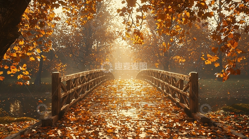 高清大图下载【趣麦麦图】秋日落叶铺满桥面的美景