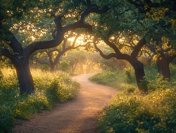 阳光穿过树林的蜿蜒小路