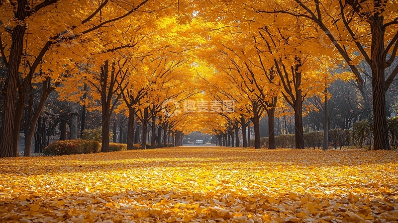 高清大图下载【趣麦麦图】秋日金色大道落叶铺满地