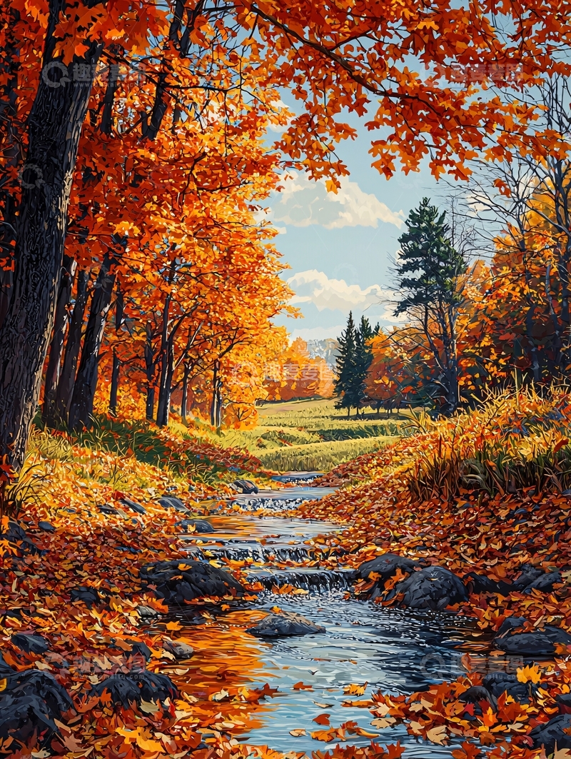 高清大图下载【趣麦麦图】秋日枫叶小溪美景
