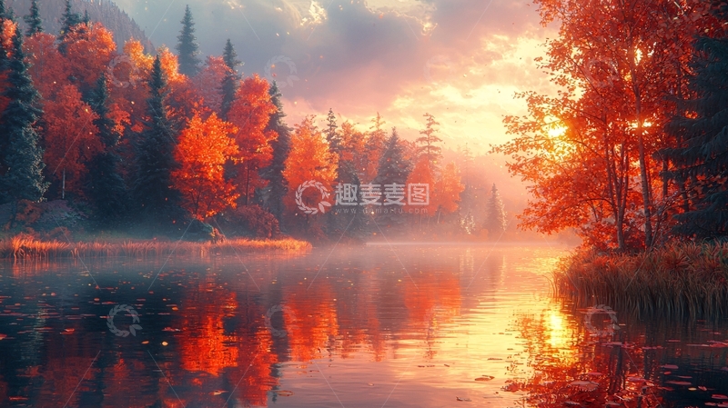 高清大图下载【趣麦麦图】秋日湖畔的金色森林