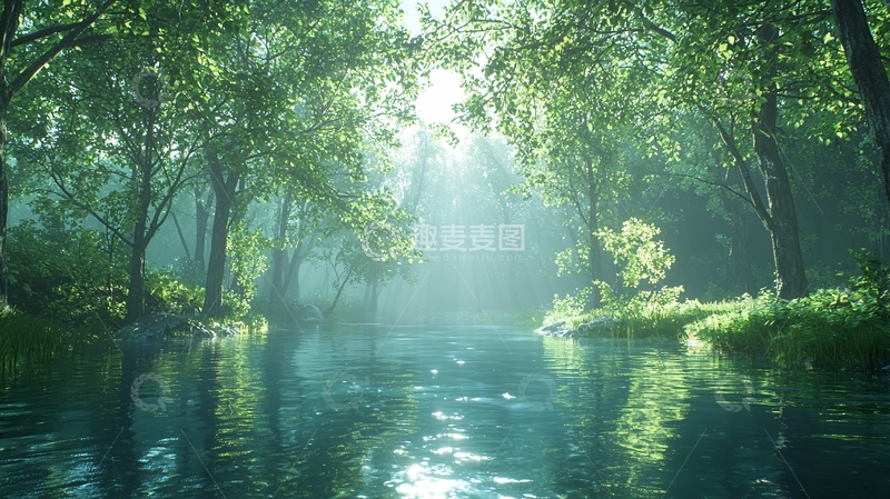 高清大图下载【趣麦麦图】阳光穿过树林照耀在河流上