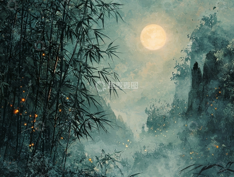高清大图下载【趣麦麦图】月夜竹林山水国风唯美意境