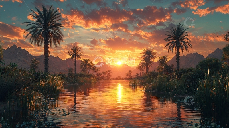 高清大图下载【趣麦麦图】热带日落棕榈树倒影