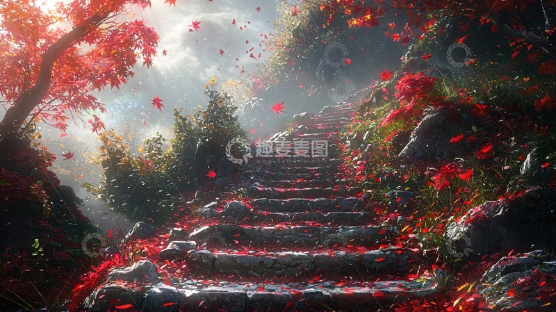 高清大图下载【趣麦麦图】红叶铺满石阶的唯美场景
