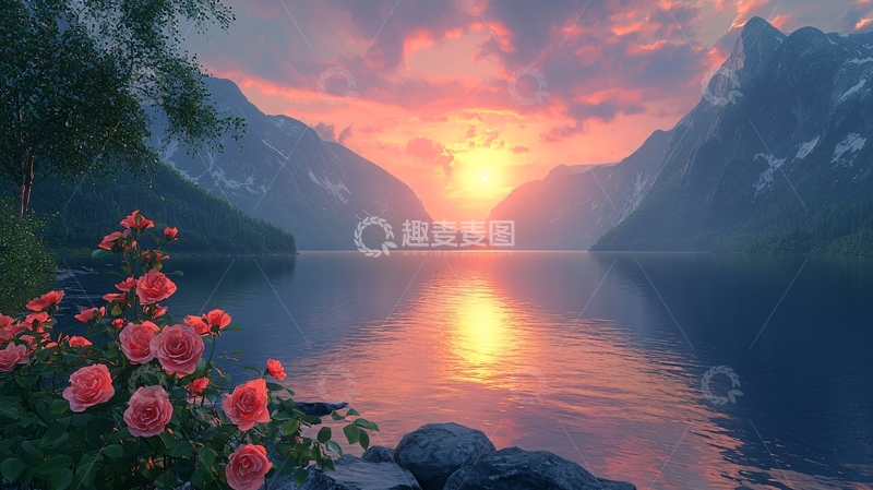 高清大图下载【趣麦麦图】宁静湖面日落