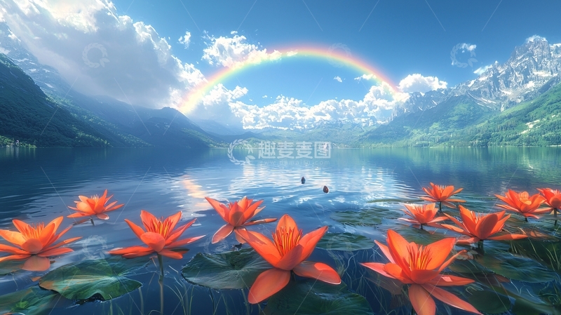 高清大图下载【趣麦麦图】湖面上的彩虹莲花