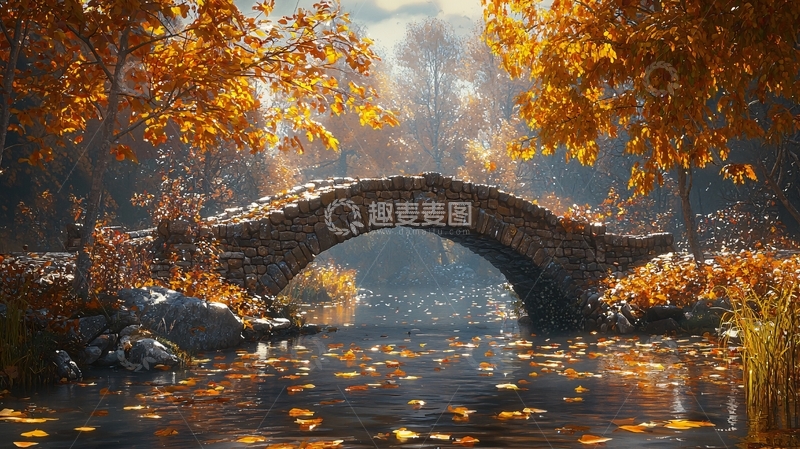高清大图下载【趣麦麦图】秋季水面石桥风景