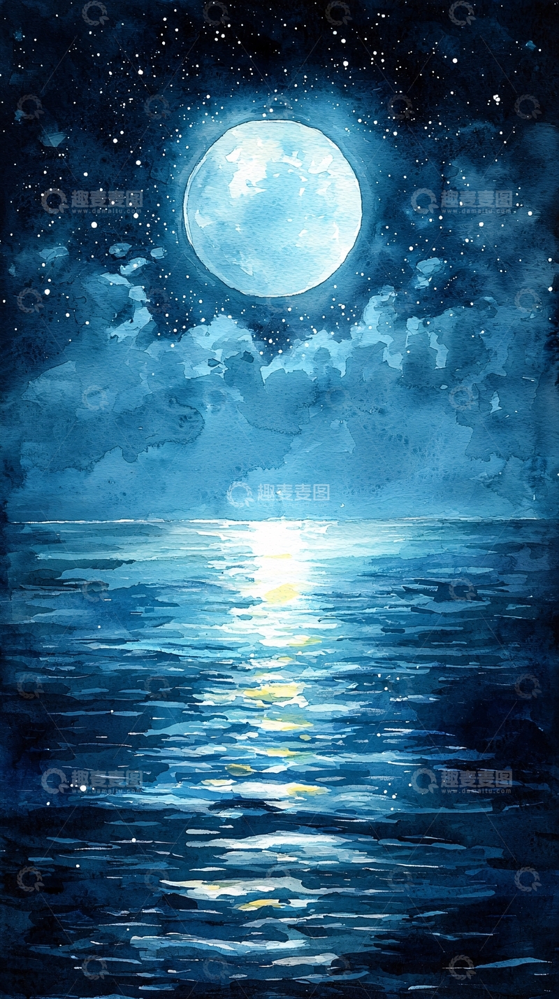 高清大图下载【趣麦麦图】水彩夜空月亮星光海面
