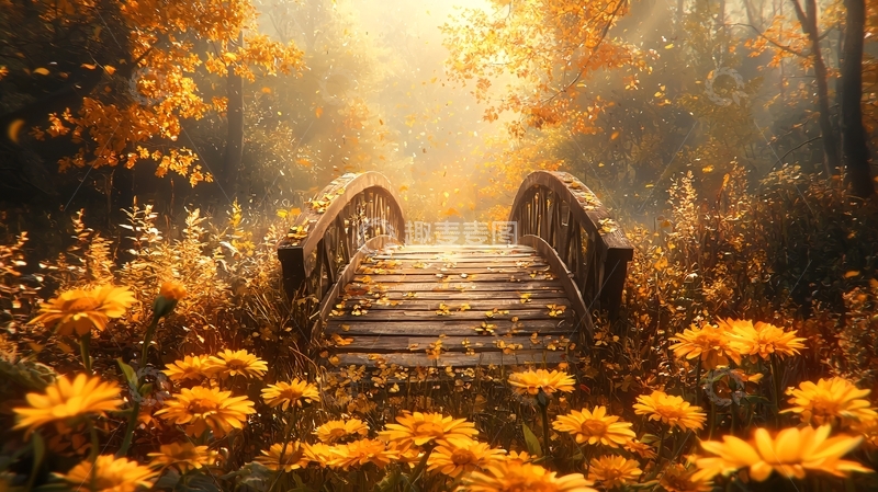 高清大图下载【趣麦麦图】秋日金色森林小桥
