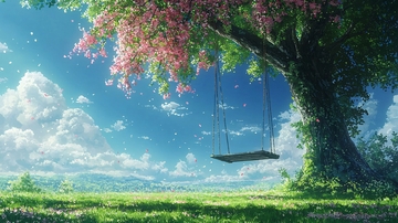 蓝天绿树下的秋千