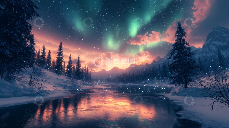 高清大图下载【趣麦麦图】宁静雪景中的极光夜空