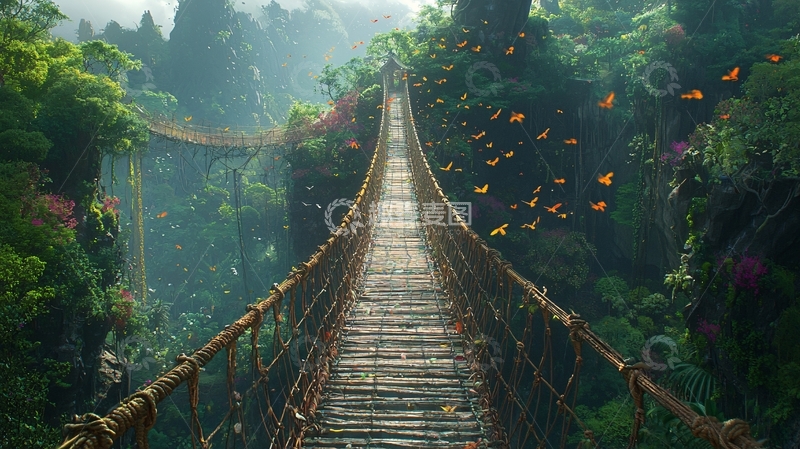 高清大图下载【趣麦麦图】茂密森林中的吊桥