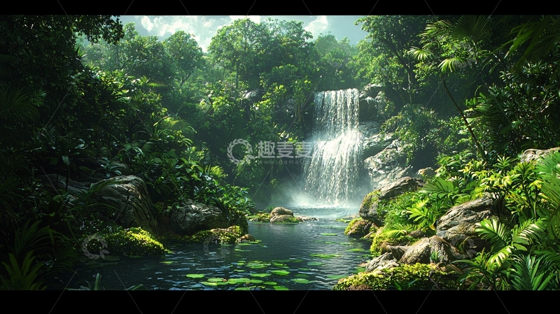 高清大图下载【趣麦麦图】瀑布森林植被茂盛