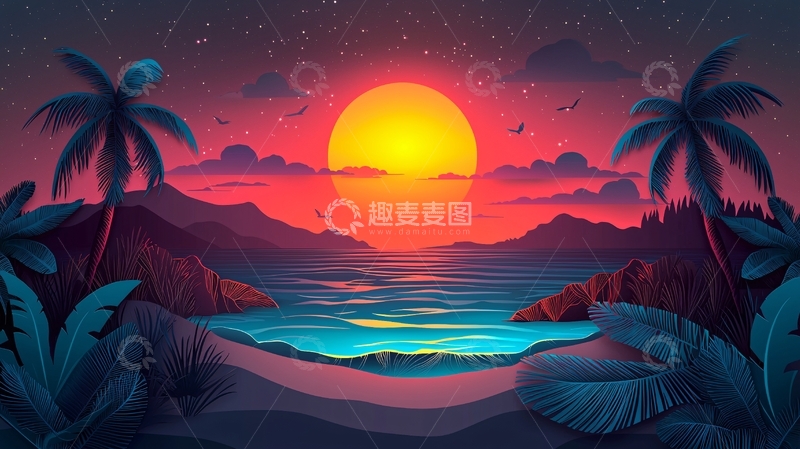 高清大图下载【趣麦麦图】热带海滩日落景观