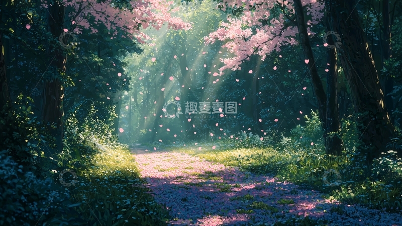 高清大图下载【趣麦麦图】森林阳光花瓣飞舞