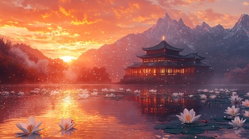 湖面上古风建筑夕阳