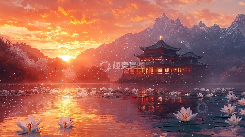 高清大图下载【趣麦麦图】湖面上古风建筑夕阳