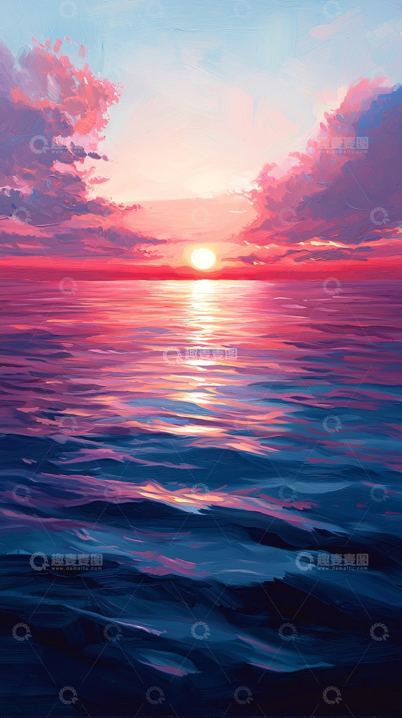 高清大图下载【趣麦麦图】粉色日落下的平静海面