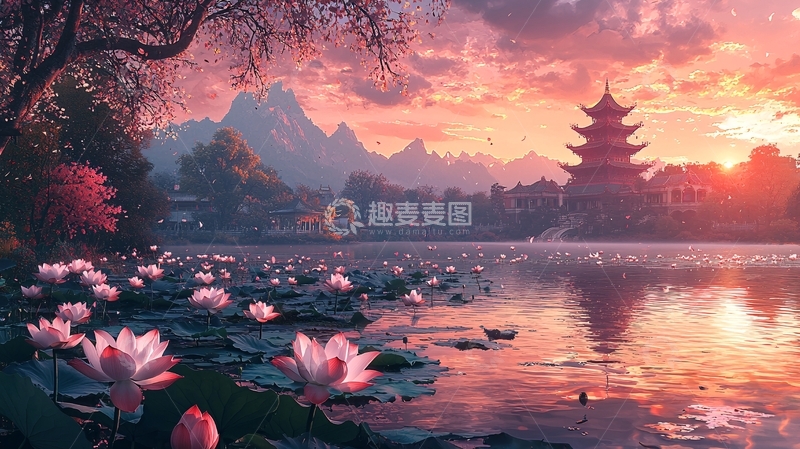 高清大图下载【趣麦麦图】夕阳下的湖边景色