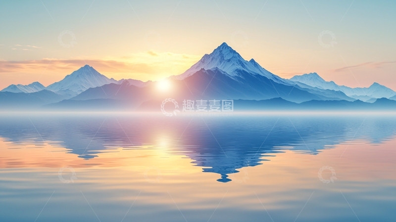 高清大图下载【趣麦麦图】宁静湖面雪山日出