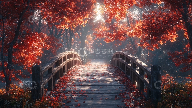 高清大图下载【趣麦麦图】秋日森林里的木桥