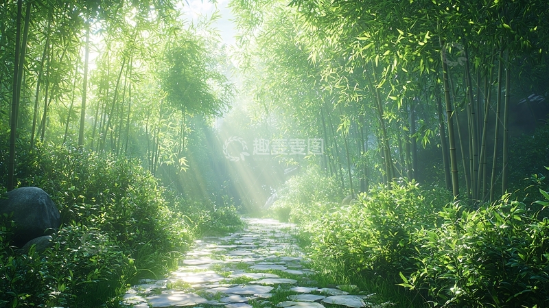 高清大图下载【趣麦麦图】阳光穿透竹林的清新小路