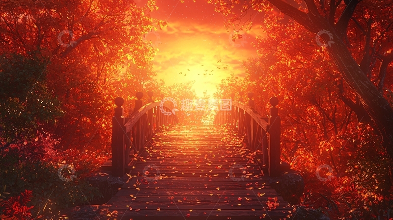 高清大图下载【趣麦麦图】秋日金色阳光洒在石桥