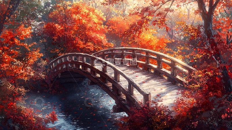 高清大图下载【趣麦麦图】秋日红叶小桥流水