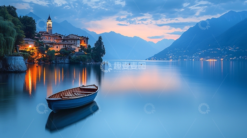 高清大图下载【趣麦麦图】宁静湖面小船与远山古堡