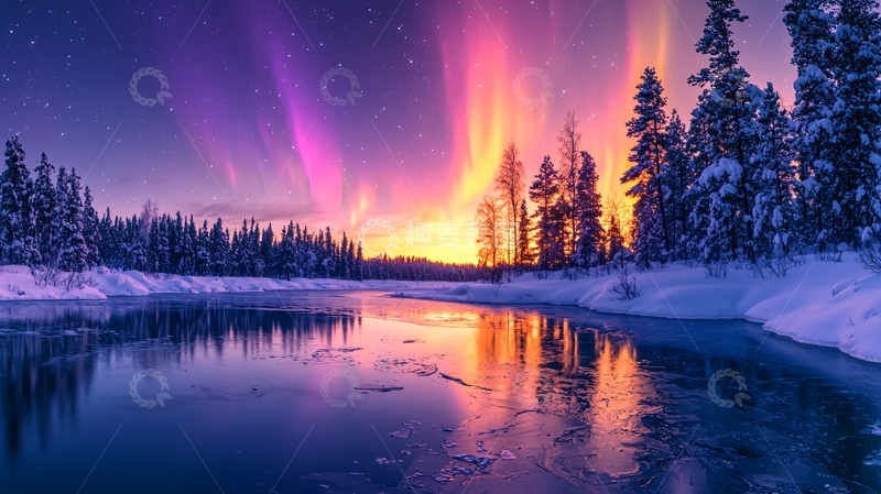高清大图下载【趣麦麦图】极光下的冰雪河流美景