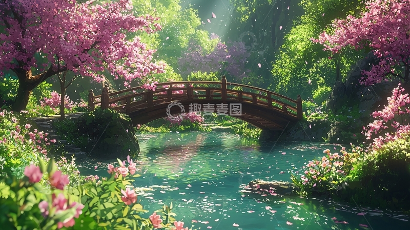 高清大图下载【趣麦麦图】樱花盛开的木桥流水