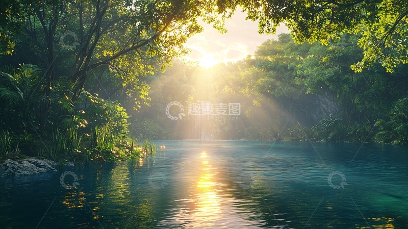 高清大图下载【趣麦麦图】光线穿透森林照亮河流