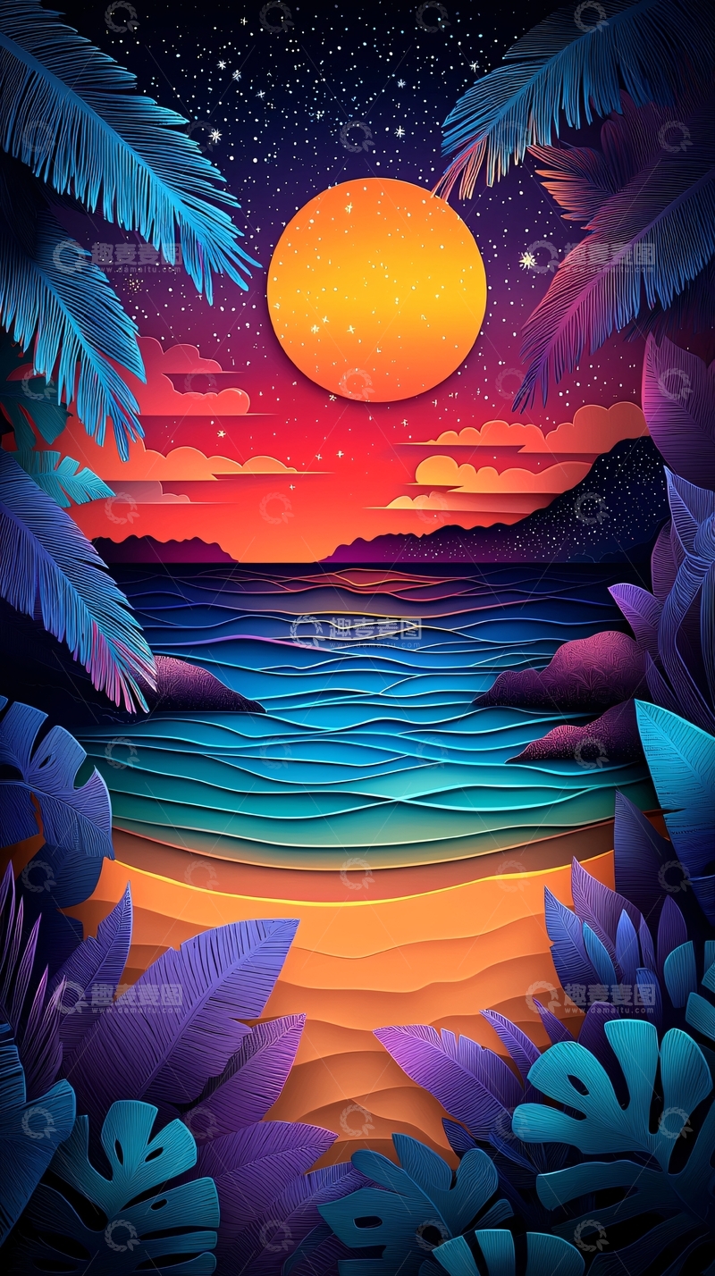 高清大图下载【趣麦麦图】热带海滩的夜景插画