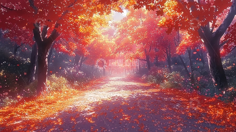高清大图下载【趣麦麦图】秋日红色枫叶森林小路