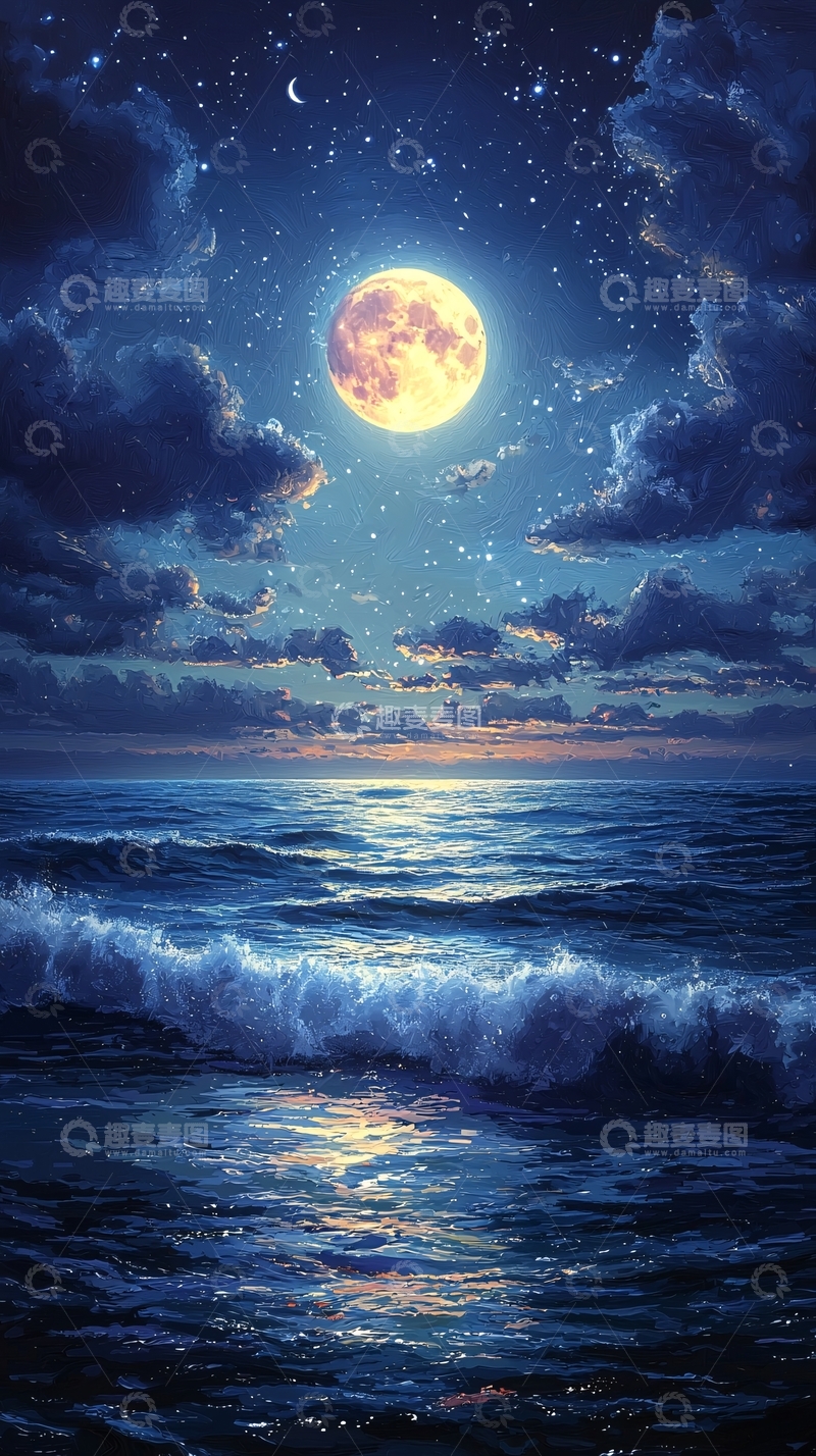 高清大图下载【趣麦麦图】海面上的明月夜景