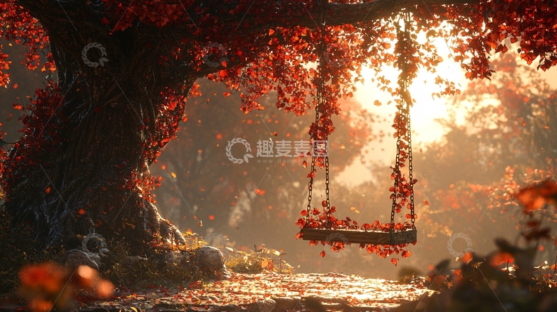 高清大图下载【趣麦麦图】秋日阳光下的树和秋千