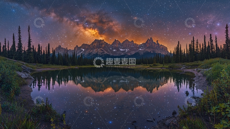 高清大图下载【趣麦麦图】宁静湖面倒影群山星空